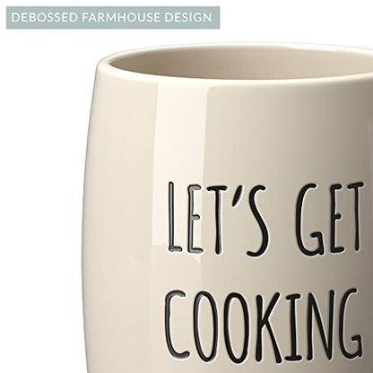  Ceramic Farmhouse Kitchen Utensil Holder For Countertop, Decorative Kitchen Utensil Holder, Large Kitchen Utensil Holder For Kitchen Counter, Utensil Crock Spatula Holder, 6.5" Cream