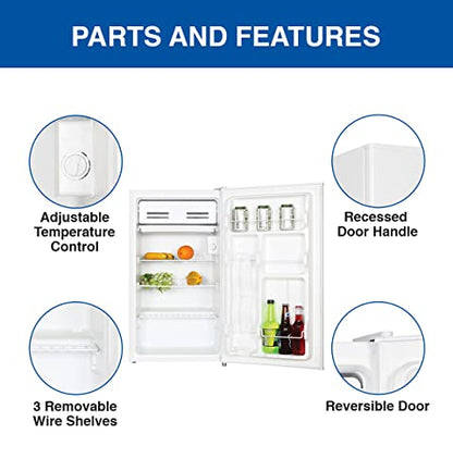  Compact Fridge With Freezer, 3.2 Cu Ft (91L), White, Space-Saving Flat Back, Reversible Door, Full-Width Freezer, For Snacks, Frozen Meals, Beverages, Beer, Den, Dorm, Office, Rec Room, Home Bar
