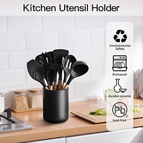  Black Utensil Holder For Kitchen Counter, Matte Ceramic Cooking Utensils Holder For Countertop, Modern Spatula Holder Crock, Rustic Porcelain Utensil Jar For Farmhouse Décor By SMARTHOM 4.4 * 6.2 IN