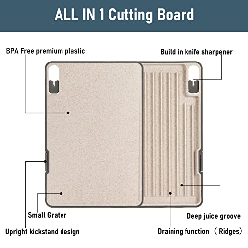  Plastic Cutting Boards For Kitchen With Ridge, Multifunctional Non Slip Upright Chopping Board With Juice Groove And Build In Sharpener Grater