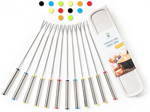  OODiTREE Fondue Forks Set Of 12 With Storage Box Mini Cheese Pot Chocolate Fountain Party Stainless Steel 9.5" Roasting Sticks Dessert Skewers Heat Resistant Multi Color Kitchen Accessories 12 PCS