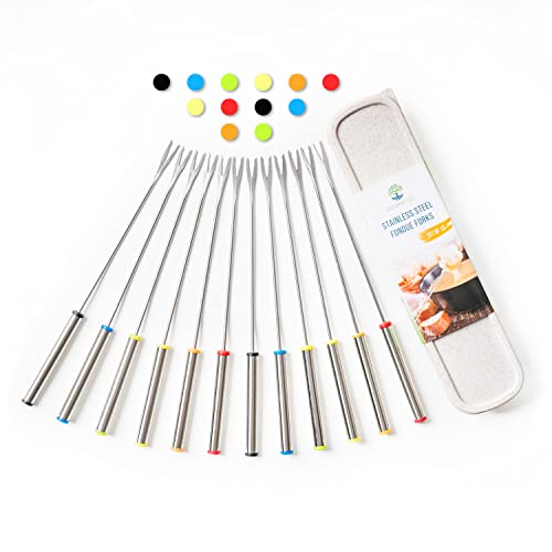  OODiTREE Fondue Forks Set Of 12 With Storage Box Mini Cheese Pot Chocolate Fountain Party Stainless Steel 9.5" Roasting Sticks Dessert Skewers Heat Resistant Multi Color Kitchen Accessories 12 PCS