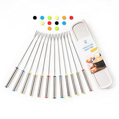  OODiTREE Fondue Forks Set Of 12 With Storage Box Mini Cheese Pot Chocolate Fountain Party Stainless Steel 9.5" Roasting Sticks Dessert Skewers Heat Resistant Multi Color Kitchen Accessories 12 PCS