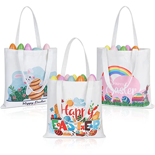  AKEROCK Easter Bags, Large Easter Canvas Bags With Handles, Reusable Tote Bags For Kids Egg Hunt - 3 PCS