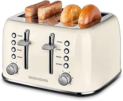 REDMOND Toaster 4 Slice, Retro Stainless Steel Toaster With Extra Wide Slots Bagel, Defrost, Reheat Function, Dual Independent Control Panel, Removable Crumb Tray, 6 Shade Settings And High Lift Lever, White, New Version