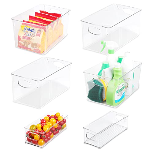  Pantry Organization And Storage Container Bins For Kitchen, Laundry, Refrigerator, Freezer. Durable Heavy Duty Clear Plastic With Handles - 6 Pack