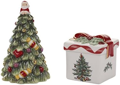 Spode Christmas Tree Collection Gold Figural Tree & Gift Salt And Pepper Shaker, Green, Measures 3.5-Inches, Holiday Kitchen And Table Shaker Set, Festive Home Décor