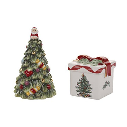 Spode Christmas Tree Collection Gold Figural Tree & Gift Salt And Pepper Shaker, Green, Measures 3.5-Inches, Holiday Kitchen And Table Shaker Set, Festive Home Décor