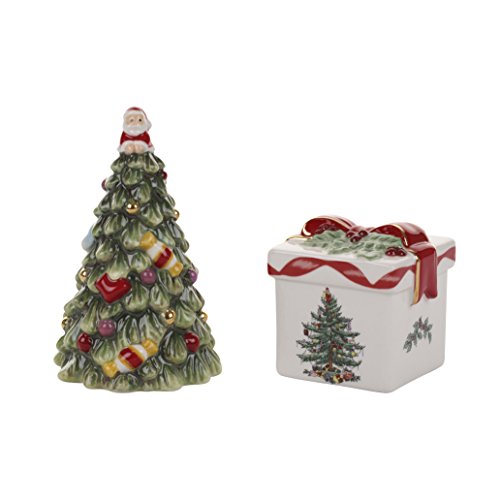Spode Christmas Tree Collection Gold Figural Tree & Gift Salt And Pepper Shaker, Green, Measures 3.5-Inches, Holiday Kitchen And Table Shaker Set, Festive Home Décor