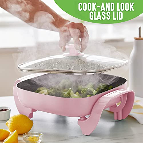  12-inch Nonstick Square Electric Skillet - With Glass Lid, Dishwasher Safe, Pink