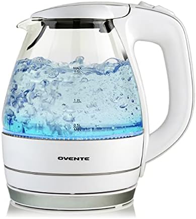  Vente Portable Electric Glass Kettle 1.5 Liter With Blue LED Light And Stainless Steel Base, Fast Heating Countertop Tea Maker Hot Water Boiler With Auto Shut-Off & Boil Dry Protection (Black)