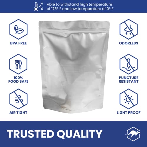  50x Wallaby 1-Quart Gusset Mylar Bag Bundle - (6 Mil - 7" X 10") Stand-Up Zipper Pouches + 50x Labels - Heat Sealable, Food Safe, & Reliable Long Term-Food Storage Solutions - Silver