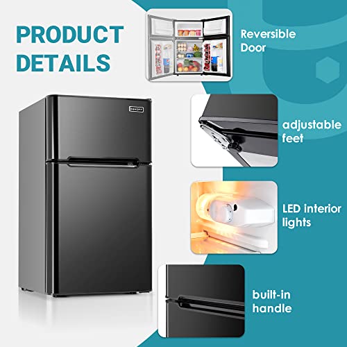  Ini Fridge With Freezer, 3.2 Cu.Ft Compact Refrigerator With Freezer, 2 Door Mini Fridge With Freezer, Upright For Dorm, Bedroom, Office, Apartment- Food Storage Or Drink Beer, Black.