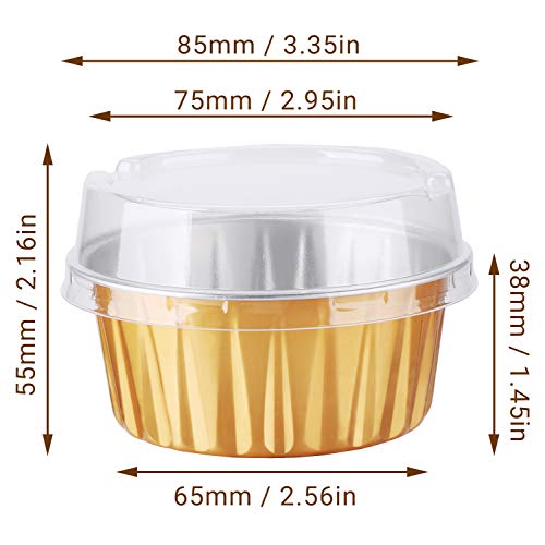  Disposable Ramekins, Gold 50pcs 5oz Mini Aluminium Foil Baking Cups With Lids Creme Brulee Cupcake Liners, Desert Cheesecake Pans Flan Molds Tin Cups Containers For Party Favor Birthday