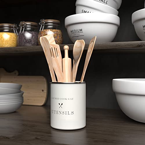  White Utensil Holder For Kitchen Countertop, Farmhouse Metal Utensil Crock, Rustic Country Decorative Kitchen Utensil Caddy Large, 5.5x6.75