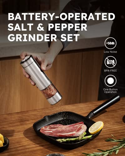  Electric Salt And Pepper Grinder Set Battery Operated, Automatic One Handed Operation Salt And Pepper Mill, Stainless Steel Electric Pepper Shaker With Light, Adjustable Ceramic Grinder - 2 Pcs