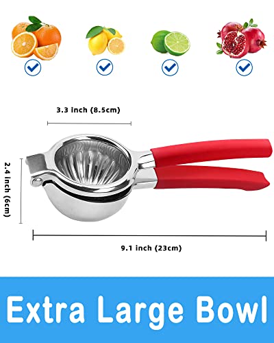  Extra Large Lemon Squeezer Stainless Steel - Premium Heavy Duty Lemon Juicer Hand With Food Grade Silicone Handle, Ergonomic Manual Citrus Juicer With Solid Metal Squeezer Bowl (Red)