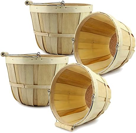  Round Wooden Baskets (2-Pack, Natural); Wood Fruit Buckets With Handle, 4-Quart Capacity; 6.1 Inch Tall By 8 Inch Diameter