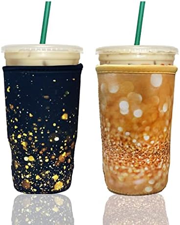  Axendale And Co Reusable Neoprene Insulator Sleeves For Large Sized Iced Coffee And Cold Drink Cups (2 PK Large 32oz, Black Smooth)