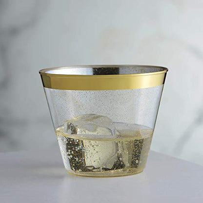  100 Pack 9oz Plastic Cups Gold Glitter With A Gold Rim - Premium Disposable Party Cups - Elegant And Classy Sturdy Cups - Weddings Birthdays Anniversaries And Other Social Events