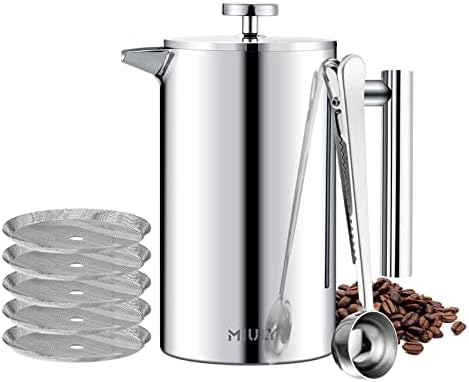  French Press 34oz, Double Insulated 304 Stainless Steel Coffee Press,Stainless Steel French Press With 5 Extra Fliters And 3 Additional Coffee Set(34oz, Sliver)