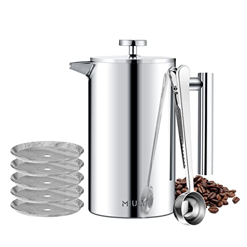  French Press 34oz, Double Insulated 304 Stainless Steel Coffee Press,Stainless Steel French Press With 5 Extra Fliters And 3 Additional Coffee Set(34oz, Sliver)