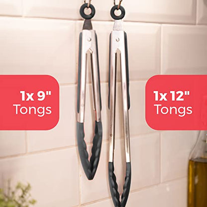  Ium Silicone Kitchen Tongs For Cooking Set (9" & 12" Gray Black) - Stainless Steel Tongs For Cooking With Silicone Tips - Non-Stick, High Heat Resistant Silicone Tongs (600°F)