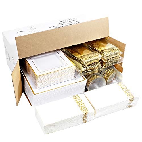  50 Guest Gold Plastic Plates With Disposable Cutlery& Gold Plastic Cups-Square Plastic Plates-Gold Plastic Utensils Set And Napkins For Wedding& Parties