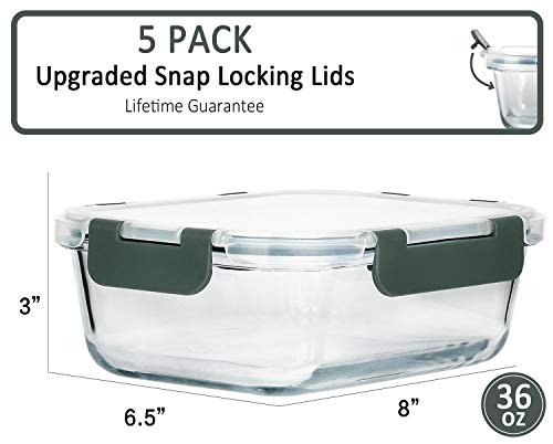  [5-Packs, 36 Oz. Glass Meal Prep Containers With Lifetime Lasting Snap Locking Lids Glass Food Containers,Airtight Lunch Container,Microwave, Oven, Freezer And Dishwasher (4.5 Cup)
