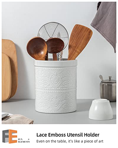  Kitchen Utensil Holder, 7.2" Super Large Utensil Crock Heavy And Stable Lace Emboss Ceramic Utensil Holder For Kitchen Counter (Bright White)