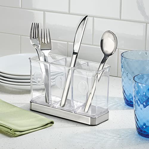  Plastic Cutlery Storage Organizer Caddy Bin For Kitchen Table, Cabinet Or Pantry - Holds Forks, Knives, Spoons, Serving Utensils - Indoor Or Outdoor Use, 3 Sections - Clear/Chrome