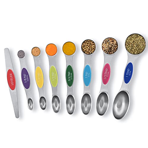  Measuring Spoons, 8 Sets Magnetic Measuring Spoons Dual Sided Stainless Steel Measuring Spoons Stackable Nesting Tablespoon Teaspoon, Fits In Spice Jars, For Dry Or Liquid Ingredients (Rainbow)