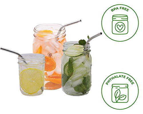  Combo Pack Thin Bent Stainless Steel Straws For Mason Jars (6 Pack + Cleaning Brush + Cloth Bag)