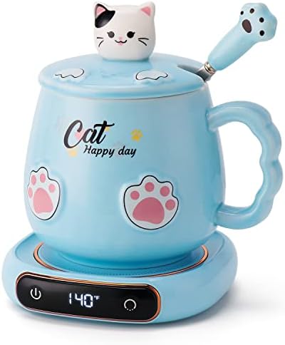  Coffee Mug Warmer & Cute Cat Mug Set, Beverage Cup Warmer For Desk Home Office With Three Temperature Up To 140℉/ 60℃, Coffee Warmer For Cocoa Milk Tea Water Candle, 8 Hours Auto Shut Off
