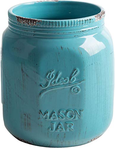  Extra-Large Kitchen Utensil Holder - 7.8” Mason Jar Ceramic Kitchenware Caddy For Farmhouse Kitchen Decor, Dishwasher Safe, Wide Opening Vintage Utensil Crock Countertop Organizer - Aqua