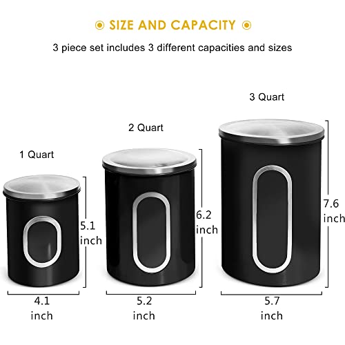  Stainless Steel Canister Sets With Anti-Fingerprint Lid And Visible Window, Cereal Container Set Of 3 (Black)