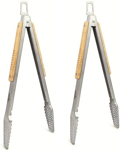  16" BBQ Grill Tongs – Kitchen & Extra Long Grilling Tongs, Stainless Steel With Durable Oak Handles, Metal Tongs For Cooking, Barbecue Tongs, Ergonomic Design