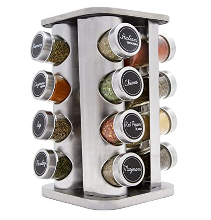  Orii 16 Jar Spice Rack With Spices Included - Rotating Countertop Tower Organizer For Kitchen Spices And Seasonings, Free Spice Refills For 5 Years (Stainless Steel)