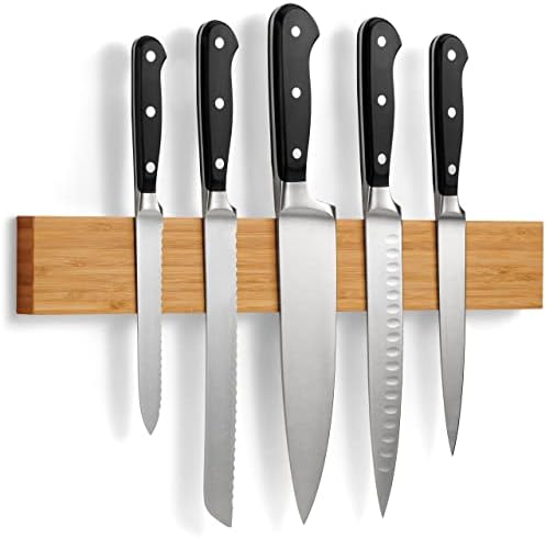  Magnetic Knife Holder For Wall With Extra Strong Magnet - 16 Inch - Knife Magnetic Strip In Bamboo For Knives, Utensils And Tools