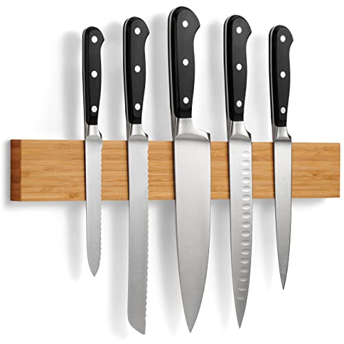  Magnetic Knife Holder For Wall With Extra Strong Magnet - 16 Inch - Knife Magnetic Strip In Bamboo For Knives, Utensils And Tools