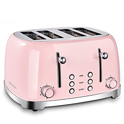 REDMOND 4 Slice Toaster Retro Stainless Steel Toasters With Bagel Defrost Cancel Function, 6 Browning Settings, Pink, ST033