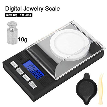  Digital Milligram Jewelry Scale, LED Digital Display Mini Portable High Precision 0.001g Pocket Jewelry Scale With Calibration Weights Tweezers And Weighing Pans (10g)