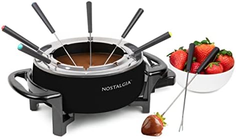  Nostalgia 6-Cup Stainless Steel Electric Fondue Pot Set With Temperature Control, 6 Color-Coded Forks, And Removable Pot - Fondue Pot For Chocolate, Candy Melts, Caramel, Cheese, Sauces, And More