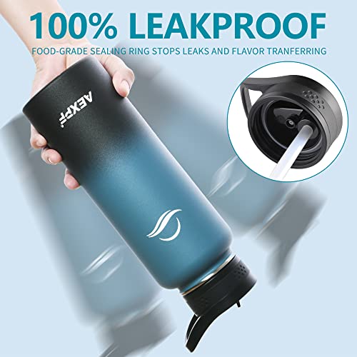  40 Oz Insulated Water Bottle, Stainless Steel Vacuum Sports Water Bottle With 3 Lids, Durable Leakproof Metal Thermos, BPA-free Water Flask Jug With Strap For Gym Camping, Indigo Black Gradient