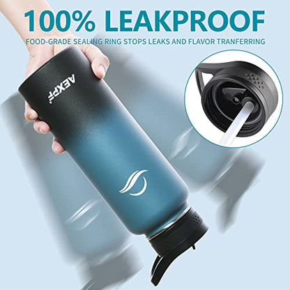 40 Oz Insulated Water Bottle, Stainless Steel Vacuum Sports Water Bottle With 3 Lids, Durable Leakproof Metal Thermos, BPA-free Water Flask Jug With Strap For Gym Camping, Indigo Black Gradient