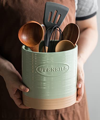  YHOSSEUN Kitchen Utensil Crock For Farmhouse Decor Utensil Holder For Countertop Organizer Extra-Large Utensil Caddy Porcelain, Oval, Green