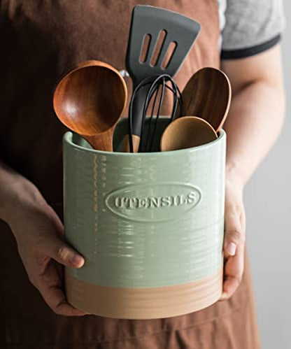 YHOSSEUN Kitchen Utensil Crock For Farmhouse Decor Utensil Holder For Countertop Organizer Extra-Large Utensil Caddy Porcelain, Oval, Green