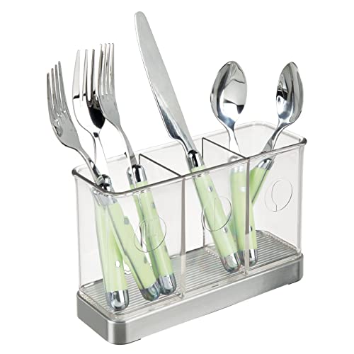  Plastic Cutlery Storage Organizer Caddy Bin For Kitchen Table, Cabinet Or Pantry - Holds Forks, Knives, Spoons, Serving Utensils - Indoor Or Outdoor Use, 3 Sections - Clear/Chrome