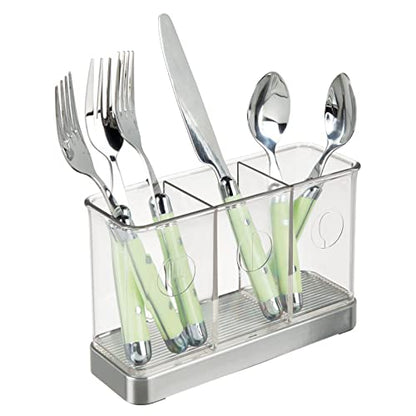  Plastic Cutlery Storage Organizer Caddy Bin For Kitchen Table, Cabinet Or Pantry - Holds Forks, Knives, Spoons, Serving Utensils - Indoor Or Outdoor Use, 3 Sections - Clear/Chrome