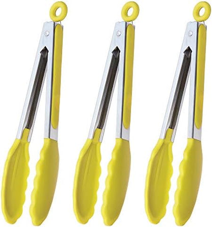  9-Inch Stainless Steel Cooking Tongs With Silicone Tips, Set Of 3 (Black)